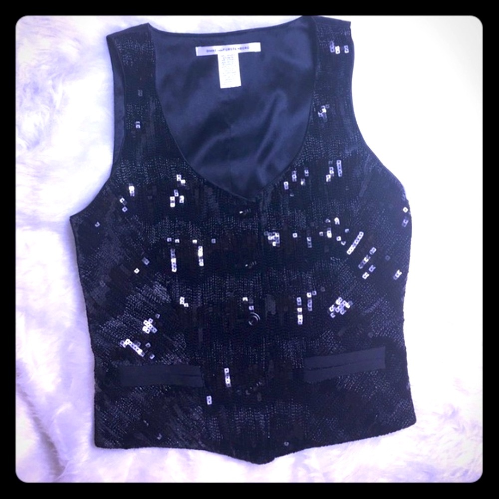 DVF black silk sequin vest night out